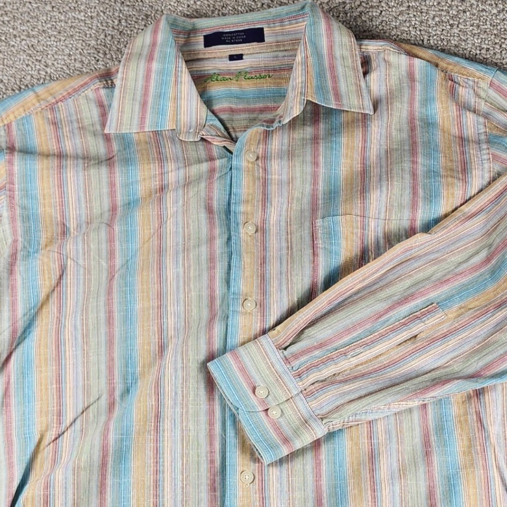 Alan Flusser Button Down Shirt Large Striped Cotton Long Sleeve Multi Color Mens